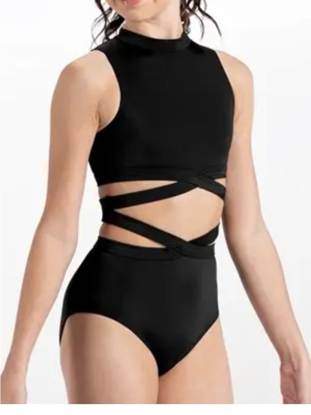 Balera highneck cross waist leotard black child’s medium 10/12